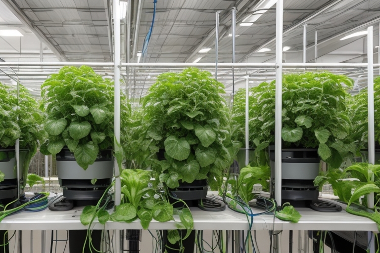 Plants are growing in a hydroponic greenhouse in California, with the assistance of hydroponic grow lights and careful selection of the plants suited for the grow room environment.