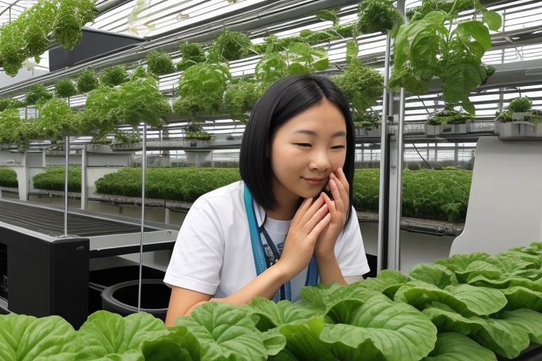 A young Asian woman is examining lettuce in a greenhouse illuminated by hydroponic grow lights.