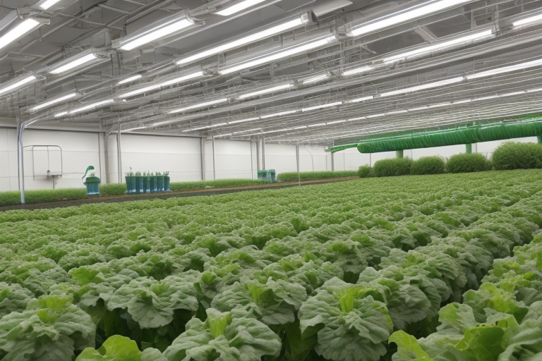 A hydroponic grow room with lettuce growing under specialized lighting.